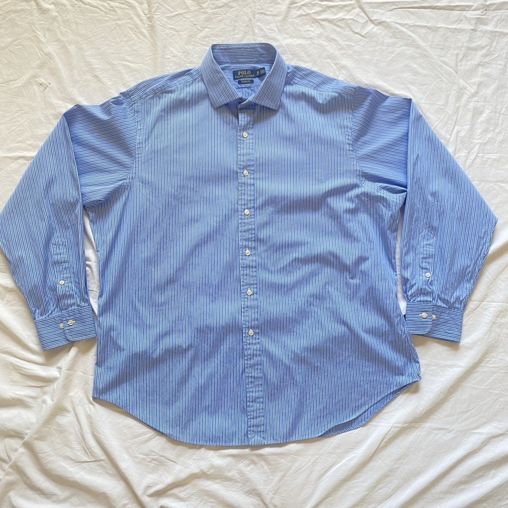 Ralph Lauren Mens 18 36/37 Classic Fit Blue White Striped Button Down Shirt